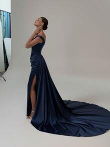 Basrey 新款优雅女士白色吊带连体修身连衣裙，拖地长裙，伴娘礼服，适合参加婚礼和担任伴娘，情人节礼服 - 藏蓝色 - 查看 9