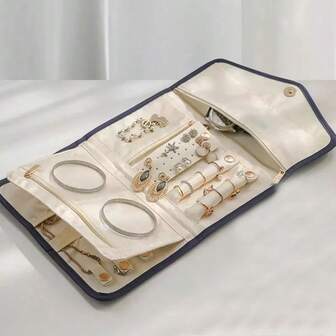 可折叠首饰收纳包，实用旅行首饰收纳包，耳环项链戒指首饰袋，首饰卷包，化妆包，防水旅行首饰袋，便携式首饰收纳包，必备旅行配件。圣诞节礼物，趣味礼物，斋月礼物，个性化礼物。