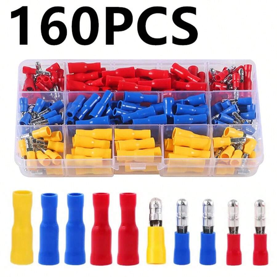160 piezas Kit de conectores de bala 22-10AWG con núcleo de latón aislado en PVC, conectores macho y hembra de bala, para conexión de cables de equipos industriales, audio automotriz, uso conveniente y confiable