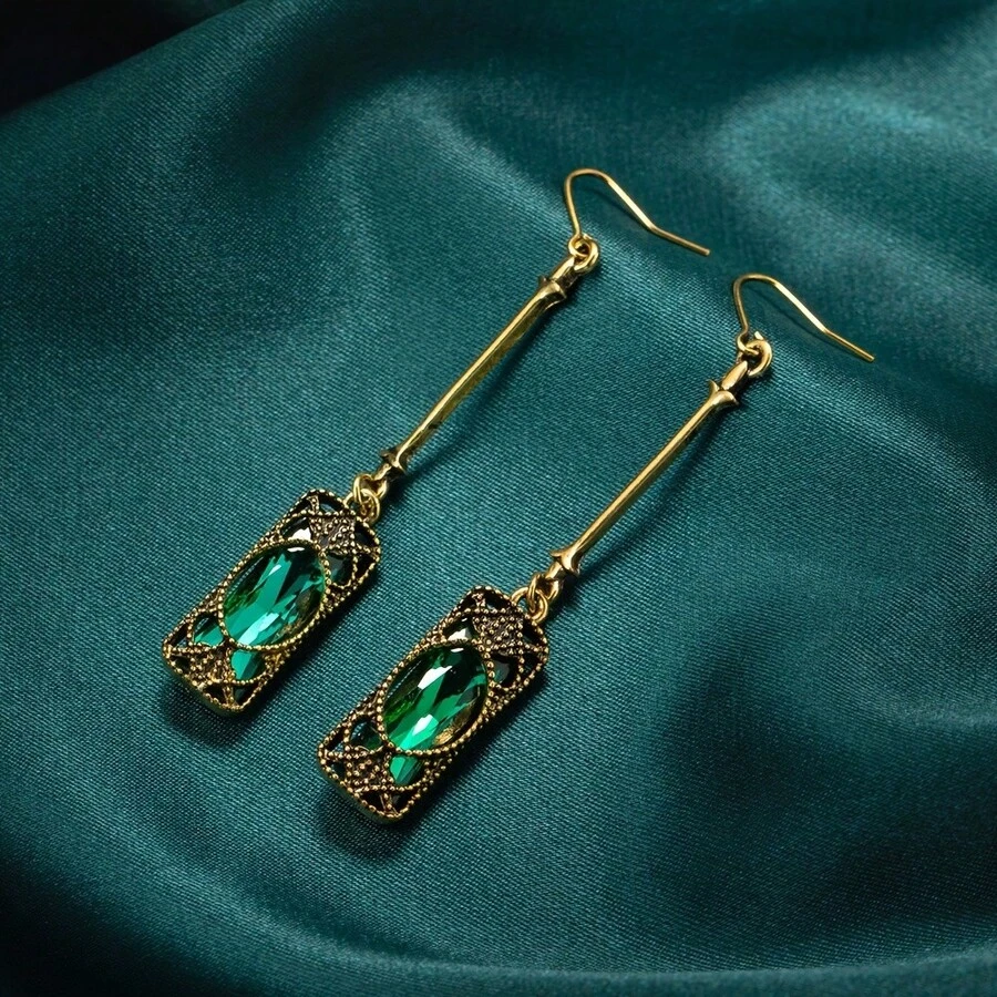 Fashion Geometric Earrings Vintage Pattern Green/Blue Rhinestone Zirconia Earrings For Women Jewelry Accessories Birthday/Halloween/Holiday Gifts Everyday Jewelry, Elegant Accessory - 綠色 - 查看 1