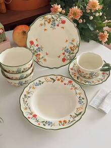 1 套手绘复古花卉陶瓷餐具套装，包括杯子和碟子、盘子、碗，适用于法国复古风格的咖啡、甜点、酸奶、意大利面，适用于餐厅、客厅、咖啡厅、面包店