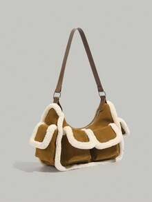 Korean Fashion Retro Faux Shearling & Suede Underarm Tote Bag For Women, Patchwork Shoulder Bag, Fluffy Commuter & Daily Casual Shopping Handbag - Brown - View 2