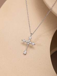 1pc S925 Sterling Silver Gold Plated Zirconia Cross Pendant Necklace - Hypoallergenic Platinum Plating - Minimalist Classic Zirconia Teardrop Cross Design - Matching Cross Set Available - Pure Silver Jewelry - Women Necklace - Choker - Suitable As Holiday Gift - Daily Wear - Stackable - Multicolor - View 9
