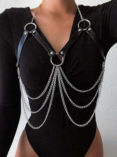 1pc Gothic Style Halter Neck Hollow Out Tasseled Chain Sexy Harness Bra Top, Versatile For Bar, Performance, Party Or Festival Wear