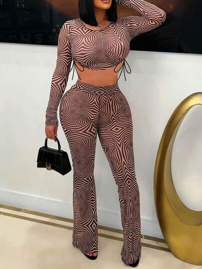 Women's Sexy Geometric Print Long Sleeve Crop Top And Flare Pants Set, Medium Stretch Party Two Pieces Outfit