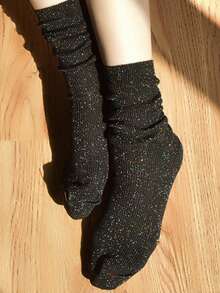 3 Pairs/6 Pairs Random Women Socks, Autumn/Winter Shiny Silver Thread Fashion Luxurious Crew Socks - Multicolor - View 5