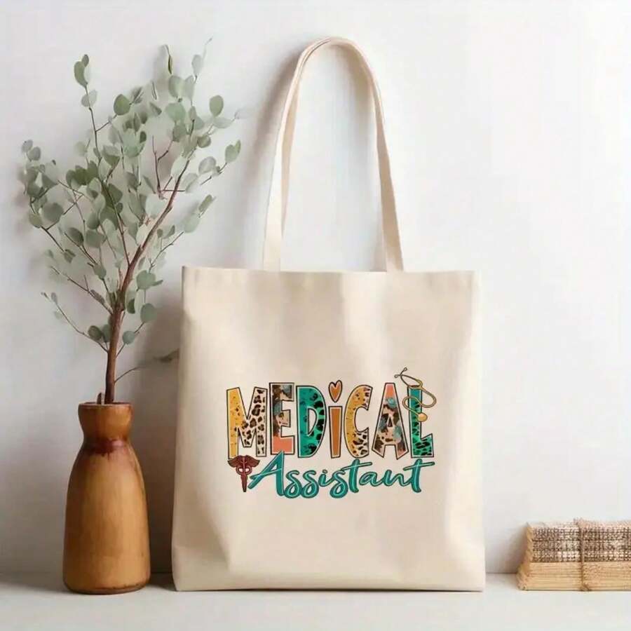 1pc Medical Assistant Tote Bag – Stylish Reusable Shopping Bag With "Medical Assistant" Design, Colorful Printed Accents & Stethoscope Graphic, Perfect Gift For Nurses, Travel & Daily Commuting, Polyester Material, Mixed Colors, Nurse Bag - 1pc - 查看 1