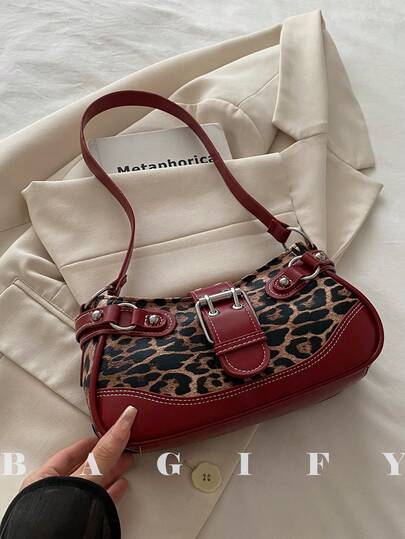 New Fashion Buckle Leopard Print Handbag & Shoulder Bag, Suitable For Parties, Outings, Vacations, Shopping And Daily Use, Can Store Coins, Phones, Also Suitable As A Work Bag For Office Ladies, College Students And Working Women, Elegant Ladies Bag