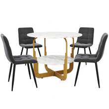 Dining Table Set (5 Pieces), Dining Table Set With 4 Chairs, Modern Dining Table Set For Kitchen, 80cm Diameter Round Kitchen Table With Gold Metal Legs, Marbled MDF Top, Grey Dining Chairs - 1 - View 4
