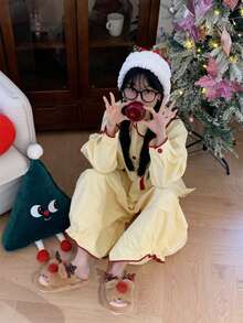 XIXITIAO 1 para uroczych pluszowych kapci z poroża renifera w kolorze czerwonym, unisexowe kapcie domowe z miękką podeszwą, kapcie dla pary, świąteczne płaskie kapcie z motywem renifera w kolorze czerwonym, wygodne i modne lekkie kapcie domowe - Brązowy - Zobacz 5