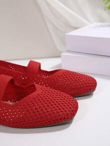 Women's Woven Mary Jane Flat Shoes, Square Toe Mesh Breathable Shoes, Comfortable Elegant Flat Knitted Casual Shoes - Red - View 3