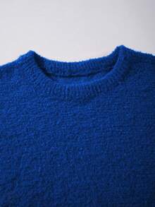 Unisex Fluffy Casual Loose Fit Crew Neck Textured Solid Color Pullover Sweater, Versatile Long Sleeve Knit Top For Autumn & Winter - Blue - View 2