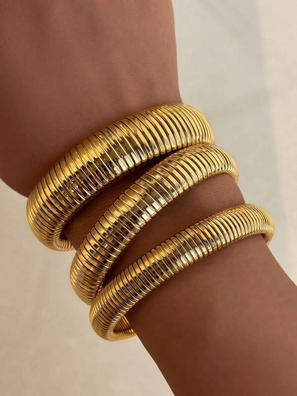 1pc 18K Gold Plated Elastic Vintage Thick Minimalist High-End Striped Bangle Bracelet, Gift For Women, Party Style, Ins Style, Women's Jewelry, Bohemian Style, Delicate Gift, Elegant Bracelet, Stainless Steel Gold Bracelet