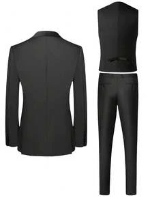 Men's Suit Elegant Men's Three-Piece Suit, Suitable As A Wedding Suit Or Business Suit. It Includes A Shawl Collar Suit Jacket, A Waistcoat And Matching Trousers, Featuring A Business Casual Style With A Solid Color, Simple And Sophisticated Design. Ideal For Occasions Such As Daily Casual Wear, Holiday Events, Business Settings, Weddings, Dances, And Commuting To Work, It Also Makes An Excellent Gift For Boyfriends Or Husbands. - 黑色 - 查看 4