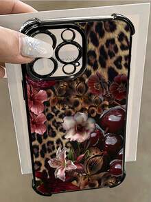 1pc Leopard Cherry Flowers Compatible With Apple Phone17/16/15/14/13/12/11/ProMax/Pro/Plus/Xs Max/XS/X,Four Corner Anti Fall Transparent Soft Shell Anti-Slip, Anti-Drop, Camera Lens Protection, Silicone Anti Wear Phone Case - Black - View 3