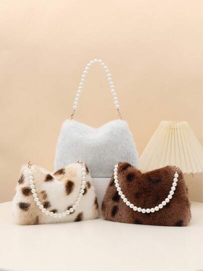 1pc Fashionable Minimalist Women's Fluffy Shoulder Bag, New Autumn/Winter Ladies' Handbag, Furry Material Coin Purse, Cute Clutch, Elegant Women's Wristlet, Night Club Phone & Coin Pouch, Autumn/Winter Furry Crossbody Bag, Faux Pearl Tote Shoulder Bag