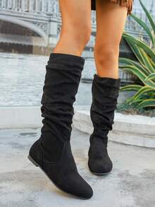 Damskie botki z plisowaną cholewką ze sztucznej skóry, uniwersalny styl z ozdobnym zamkiem błyskawicznym z boku, odpowiednie do strojów jesienno-zimowych i codziennych, kolor czarno-brązowy, miękkie i wygodne, pasujące do wielu stylizacji