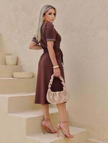 Women's Plus Size Set V-Neck Blouse Midi Skirt With Pocket Sweatshirt Elegant Evangelical Fashion Simple Office - 鏽棕色 - 查看 4