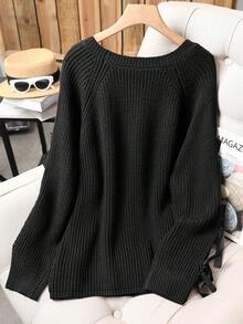 大码休闲圆领蝴蝶结撞色针织套头毛衣 - 黑色 - 查看 2