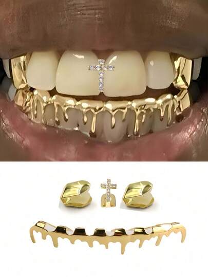 1 Set de joyería dental de moda, cruces de circonita lisa y grillos con gota asimétrica, decoración de fiesta unisex, regalo festivo, incluye molde dental para ajuste ajustable