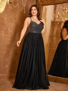 UNITHORSE Plus 女士优雅 Spraghetti 露肩亮片撞色网眼面料性感露背绷带设计可调节晚礼服 - 黑色 - 查看 4