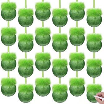 6 Pcs Lime Green Christmas Ornaments DIY Flat Ball Christmas Ornaments With Fuzzy Lime Green Hair Glitter Plastic Babules Tree Craft Home Decor