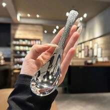 Earl Hammer Pattern High Gloss Stainless Steel Spoon Set - Large Capacity Deep Bowl, Mirror Polished Cutlery, Suitable For Desserts, Fruits And Home Kitchen Use - Silver - View 3
