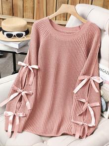 Plus Size Casual Round Neck Bowknot Contrast Color Knit Pullover Sweater - Dusty Pink - View 1