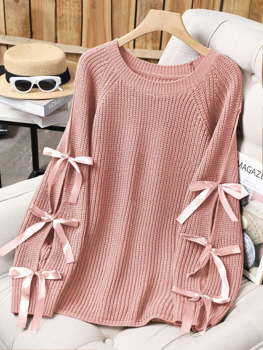 Plus Size Casual Round Neck Bowknot Contrast Color Knit Pullover Sweater - Dusty Pink - View 1