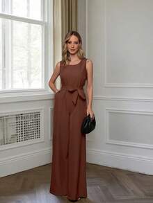 Sophisticated Everyday Jumpsuit With Wide Legs, Bow Ties And Pockets - 鏽棕色 - 查看 4