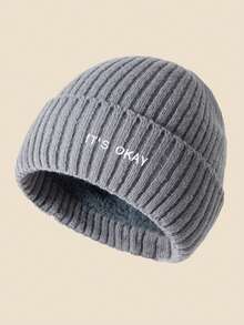 1pc Unisex "IT's OKAY" Embroidered Solid Color Knit Beanie, Men's Winter Thermal Lined Warm Cuffed Hat, Soft & Comfortable, Minimalist & Fashionable, Suitable For Cold Weather Winter Clothing - A - View 17