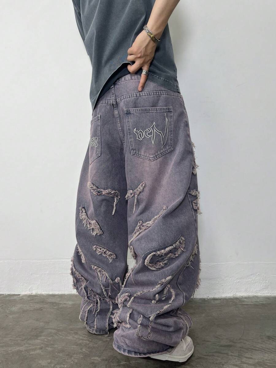 1件男士街头休闲宽松牛仔裤，拼接刺绣做旧水洗阔腿裤（不含腰带和配饰） - 紫色 - 查看 1