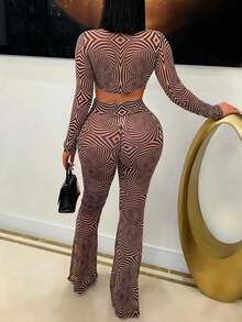 Women's Sexy Geometric Print Long Sleeve Crop Top And Flare Pants Set, Medium Stretch Party Two Pieces Outfit - Pink - View 3