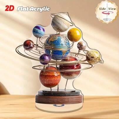 2D 平面，1 件旋转太阳系模型 - 非电动旋转底座，颜色编码行星（地球在中心），轻质亚克力桌面装饰，适用于家庭、办公室、教室、天文馆 - 太空教育和天文学装饰，2D 平面