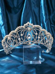 1件水晶珍珠皇冠头饰，新娘婚礼皇冠，适合女士晚宴派对服装 - 銀色 - 查看 5