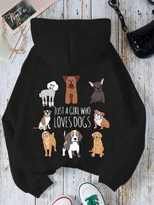 1件少女可爱宠物卡通狗狗印花卫衣，柔软舒适，适合春秋季日常休闲穿着 - 黑色 - 查看 3