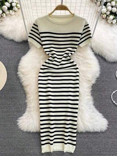 Vestido de verano de punto a rayas de playa, vestido de verano entallado de manga corta y cuello redondo, vestido de calle para exterior, vestido de rayas para mujer.