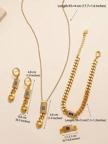 5 件套时尚欧式美式链条心形流苏首饰套装，方晶锆石吊坠项链、耳环、戒指、手链，适合女性日常聚会、生日礼物 - 金黃色 - 查看 3