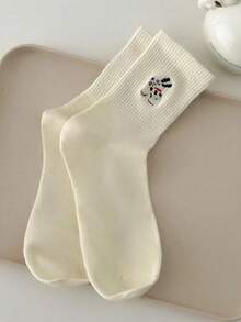 1/3/5/8 Pairs Cute Dog Print & Striped Casual Mid-Calf Socks, Healing Style, Spring/Summer/Autumn