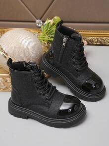 1 par de botas unisex para niños con diseño de piel brillante y parches, botas cálidas para exteriores, botas casuales para niños pequeños, botas para todas las estaciones