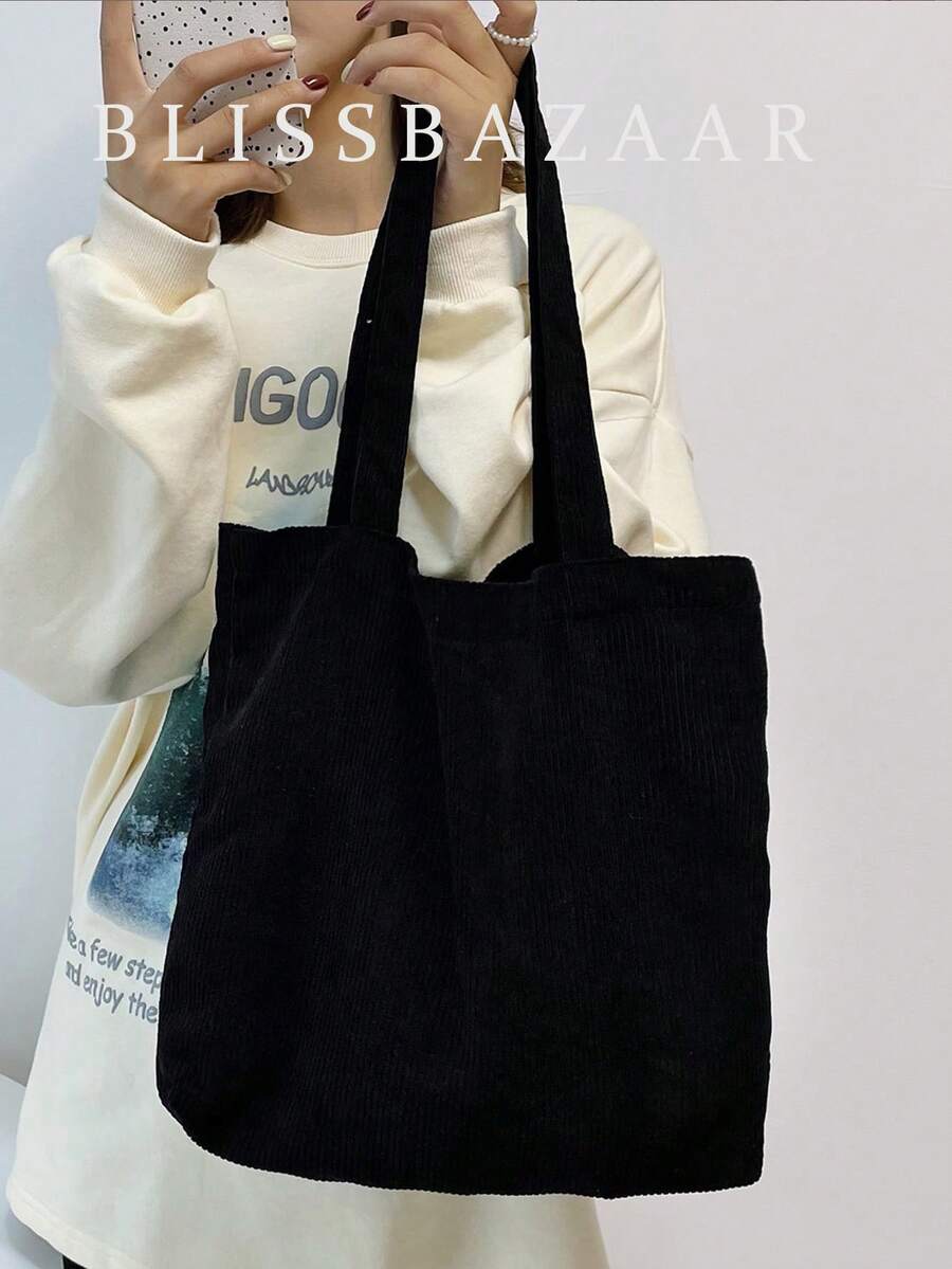 轻便，商务休闲简约灯芯绒单肩托特包，适合少女、女大学生、新秀和白领人士，非常适合办公室、大学、工作、商务、通勤、户外、旅行、郊游，书包，大容量，经典休闲，可折叠，便携，适合少女、女大学生，非常适合返校、开学第一天、初中、高中、购物 - 黑色 - 查看 1