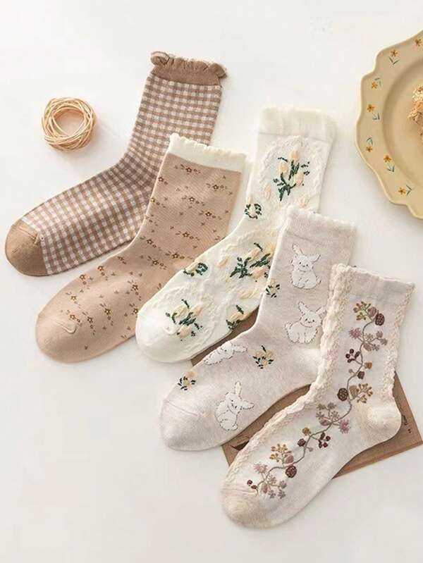 5 pares de calcetines de tubo medio para mujer, cómodos, que absorben el sudor y transpirables, con estampados retro de flores y animales de dibujos animados