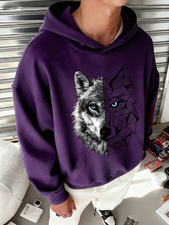 Teen Boy Casual Minimalist Wolf Head Printed Long Sleeve Conventional Thickness Hooded Loose Fit Sweatshirt, Suitable For Autumn/Winter, Hooded Sweatshirt, Suitable For Daily Wear, Party, School, Attending Music Festivals, Vacation, Commuting. Can Be Given As A Gift To Family, Boyfriend, Girlfriend, Friends, Girls Winter Clothes, Essentials Hoodie