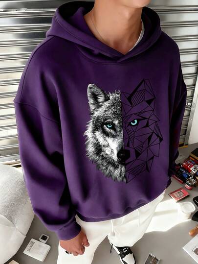 Teen Boy Casual Minimalist Wolf Head Printed Long Sleeve Conventional Thickness Hooded Loose Fit Sweatshirt, Suitable For Autumn/Winter, Hooded Sweatshirt, Suitable For Daily Wear, Party, School, Attending Music Festivals, Vacation, Commuting. Can Be Given As A Gift To Family, Boyfriend, Girlfriend, Friends, Girls Winter Clothes, Essentials Sweatshirt