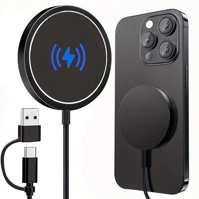 15W Magnetic Wireless Charger, Compatible With IPhone 12/13/14/15/16/17 Series, MagSafe Apple Charger, Type C + USB A Port Office,Dorm,Home Phone Charger