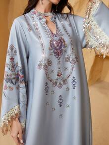 Elegant Women's Long Sleeve V-Neck Arabic Dress, Made Of Embellished Woven Fabric With Slight Stretch - NC13 - View 6