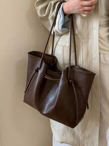 高端简约风格纯色女士手提包，新款秋冬咖啡色时尚百搭单肩包，带内袋，可调节肩带组合包，方便大学生日常购物的大容量手提包 - 咖啡棕 - 查看 4