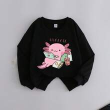 卡通墨西哥钝口螈印花圆领卫衣，休闲舒适，适合秋冬季节穿着，可爱服饰 - 黑色 - 查看 2