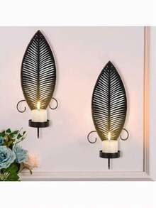 2 Stücke rustikale Wandkerzenhalter Set mit Blattdesign, Bauernhaus Metall Wandleuchten, dekorative Kerzenhalter für Wohnzimmer, Schlafzimmer, Flur