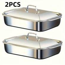 4-Piece (2 Stainless Steel Deep Pans And 2 Lids With Handles) Heavy-Duty Stainless Steel Rectangular Fish Baking Tray With Lid, Large Capacity Multi-Purpose Heating Tray, Suitable For Barbecue, Buffet And Home Cooking, Suitable For Dessert, Bread, Seafood, Suitable For Barbecue, Buffet And Home Cooking, A Must-Have For Holiday Cooking